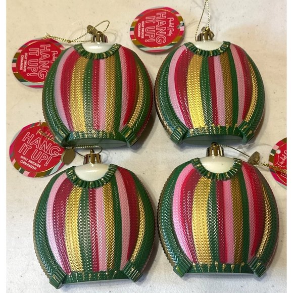 Set of 4 Packed Party Ugly Sweater Merry Vibes Plastic Tree Ornaments (NWT) - Picture 2 of 9